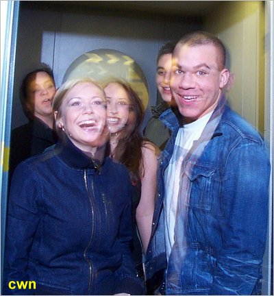 Hear'Say emerge from the lift - Coventry - 29 March 2001 [photo by Chris Studman]